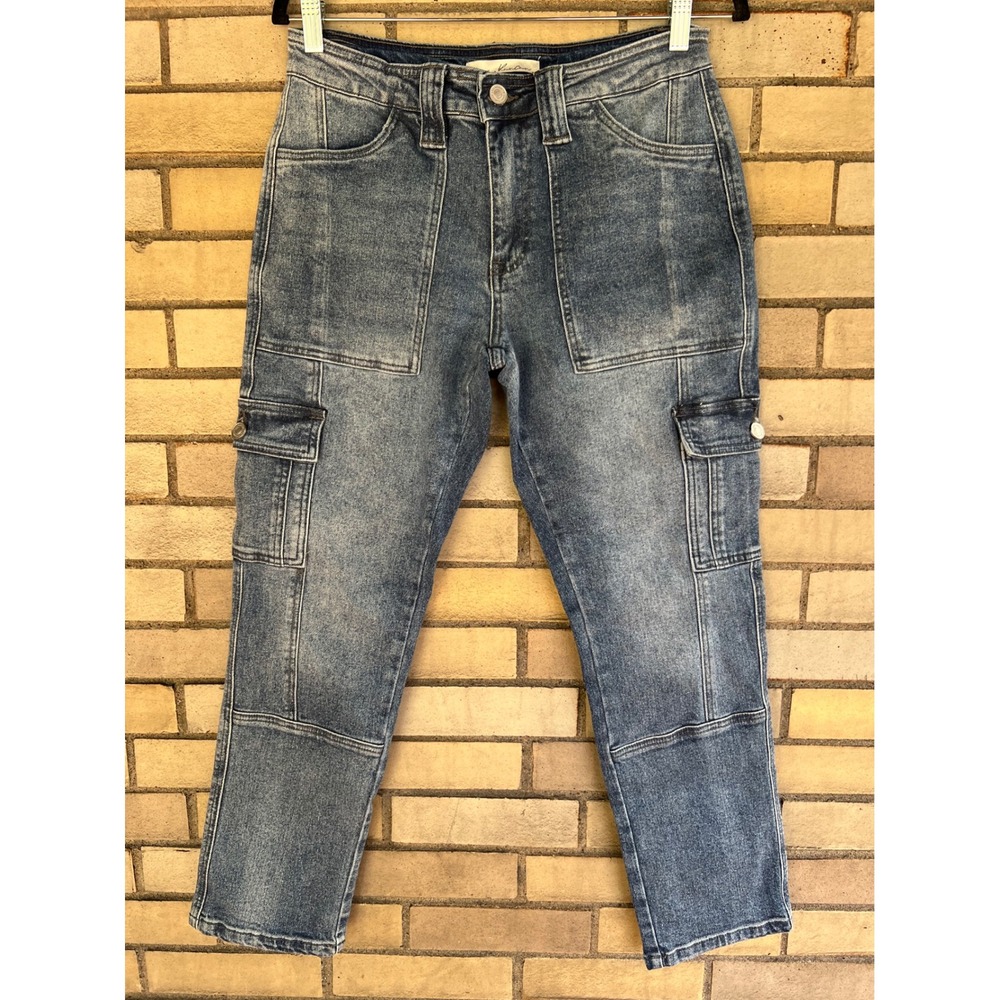 KanCan Avery High Rise Straight Leg Cargo Jeans Medium Wash Blue Denim Size 5/26 - Picture 2 of 5